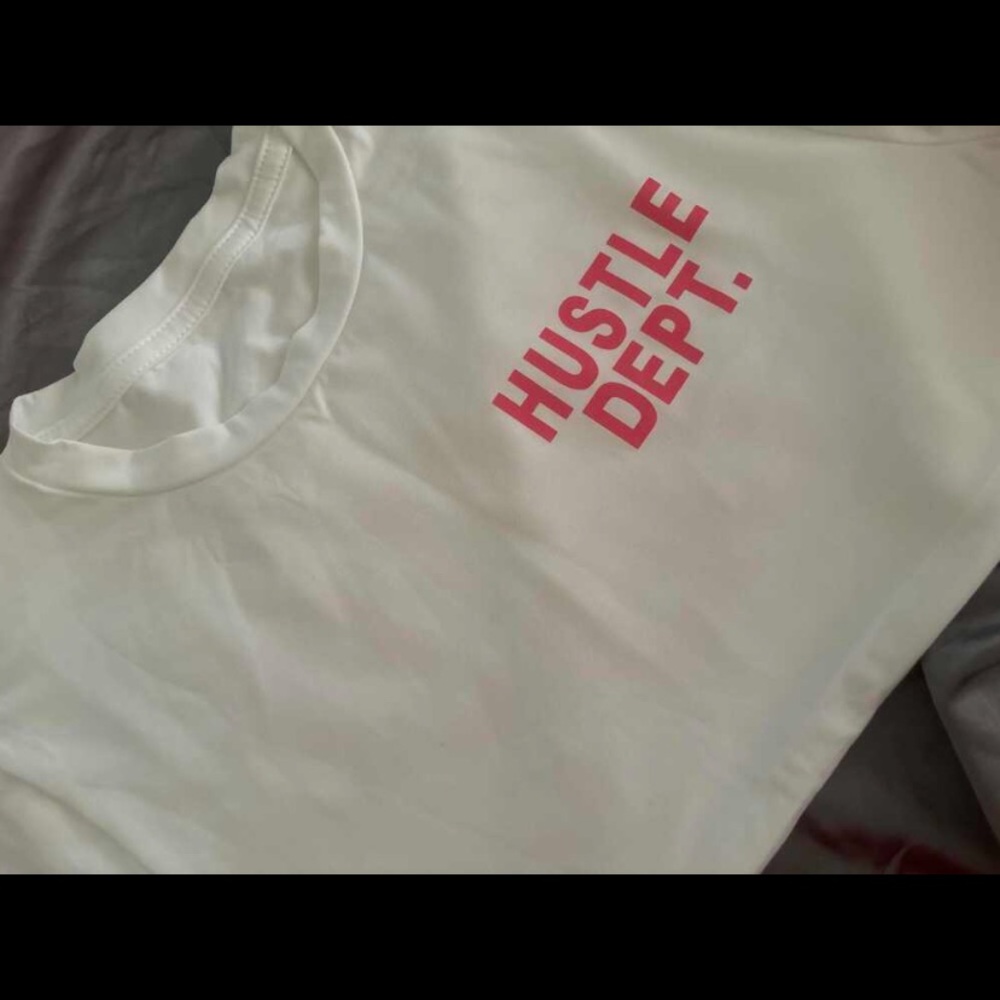 White T-Shirt with Red 'Hustle Dept.' Print